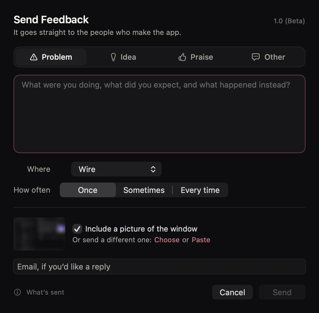 The Send Feedback window in Cupertino Lens.