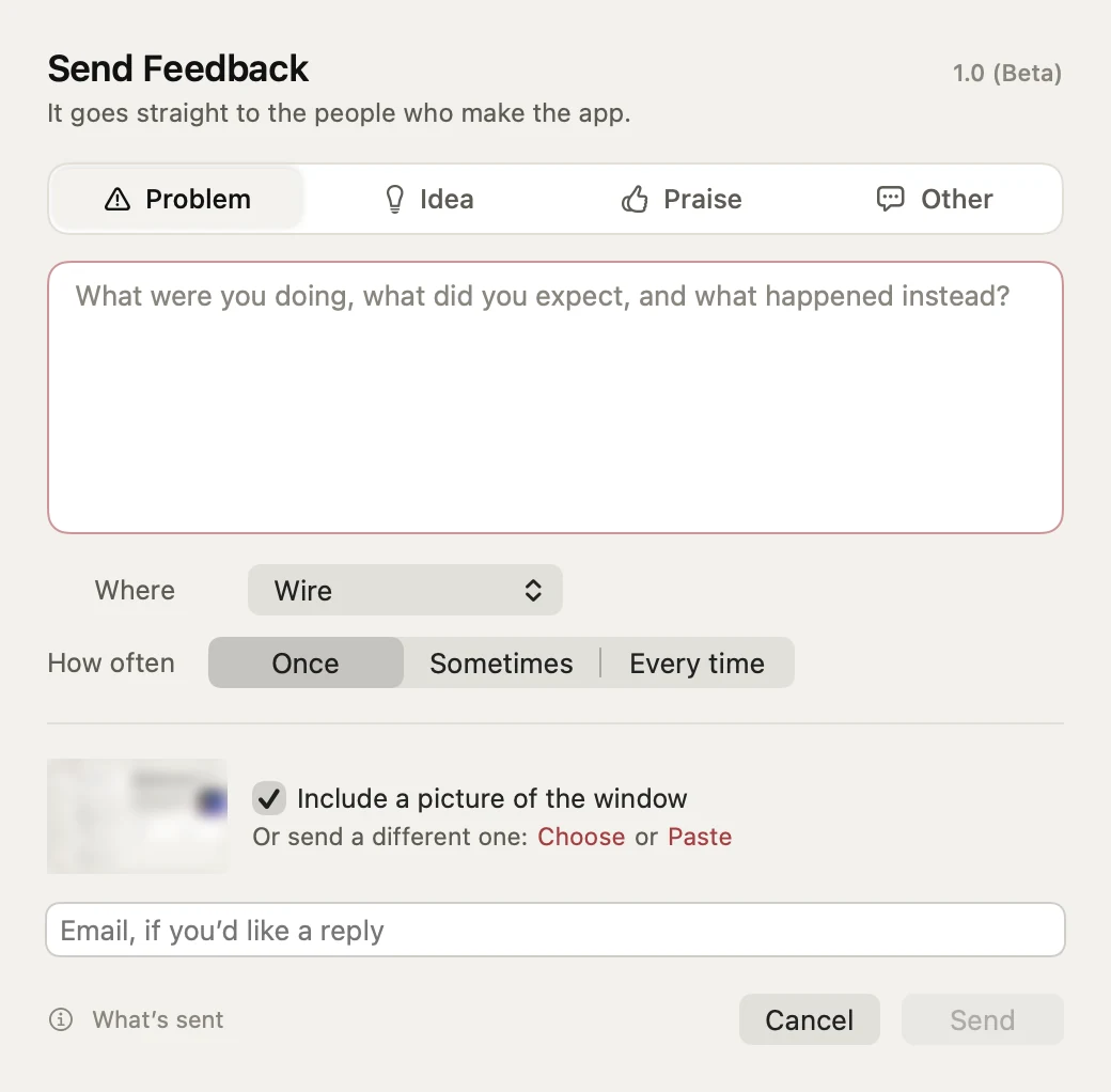 The Send Feedback window in Cupertino Lens.