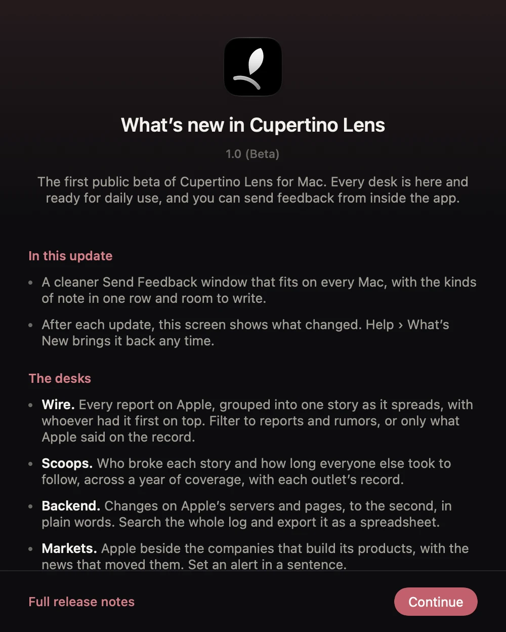 The What’s New screen in Cupertino Lens.