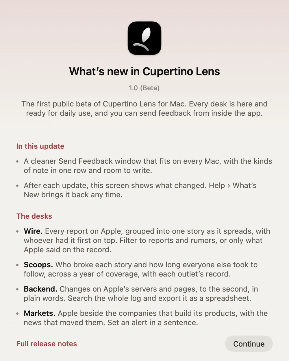 The What’s New screen in Cupertino Lens.