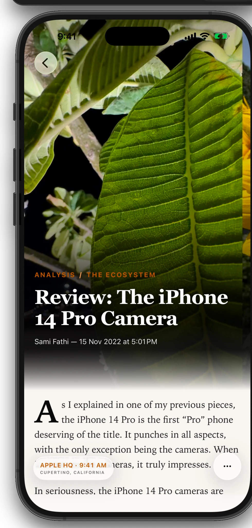 The Cupertino Lens iPhone app displaying an editorial article