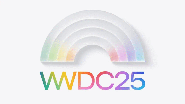 WWDC25 wordmark beneath a translucent rainbow arch