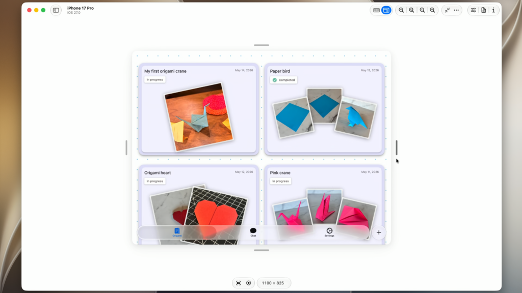 Xcode’s resizable iPhone simulator showing an origami sample app at different window sizes