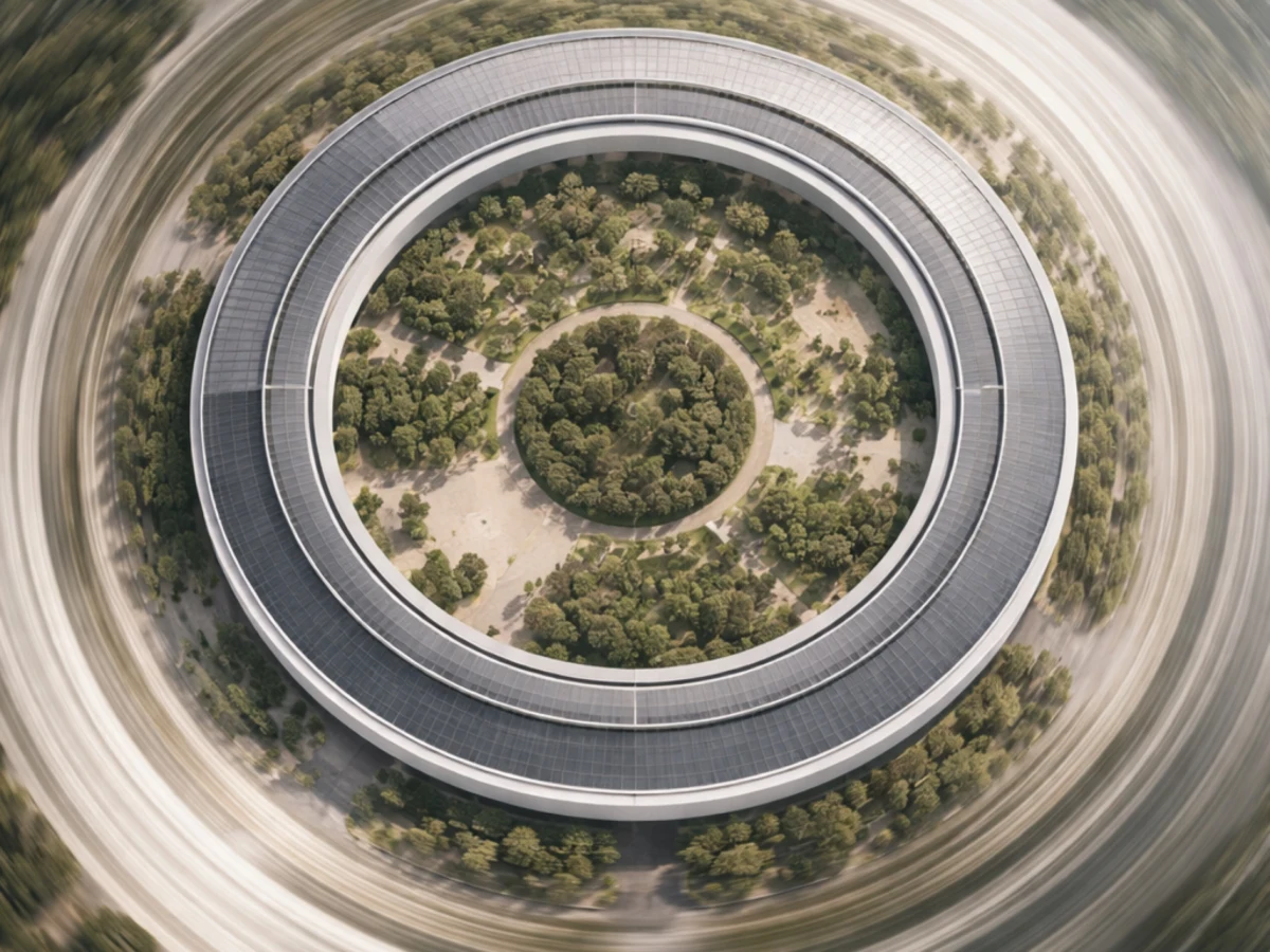 Aerial illustration of Apple Park’s ring-shaped campus