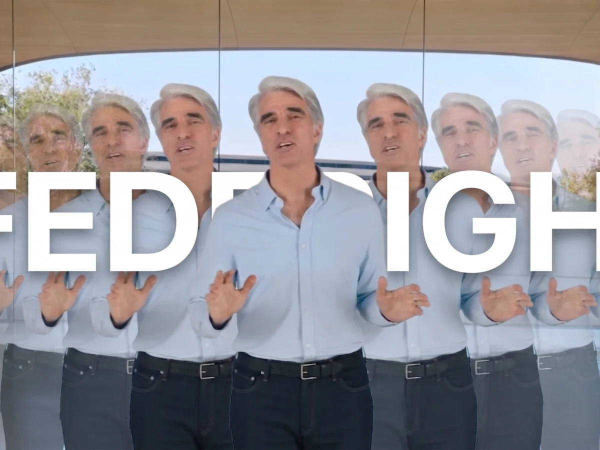 Repeated images of Craig Federighi at Apple Park behind the word “Federighi”