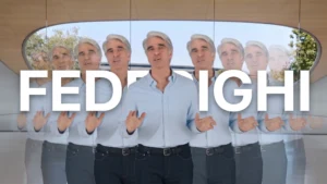 Repeated images of Craig Federighi at Apple Park behind the word “Federighi”