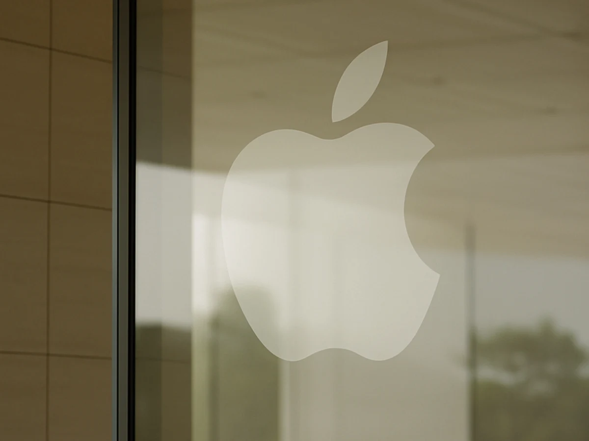 Apple logo seen through glass at the Apple Park Visitor Center