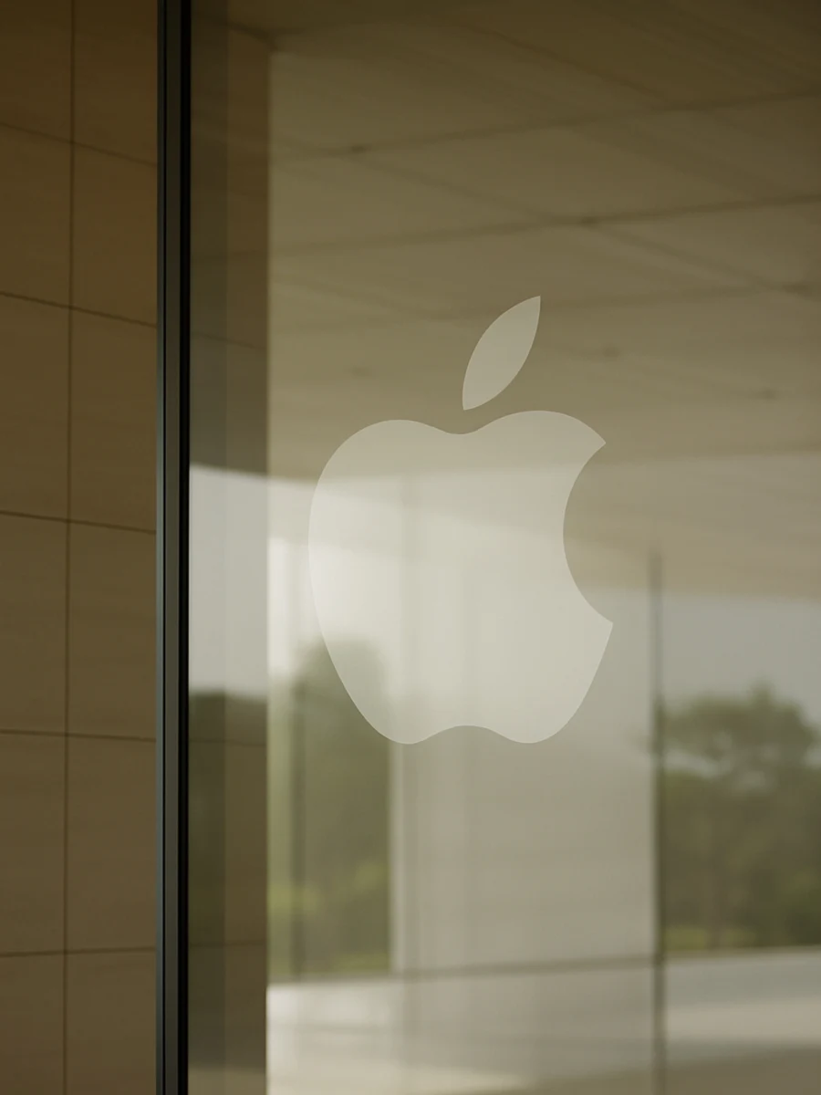 Apple logo seen through glass at the Apple Park Visitor Center