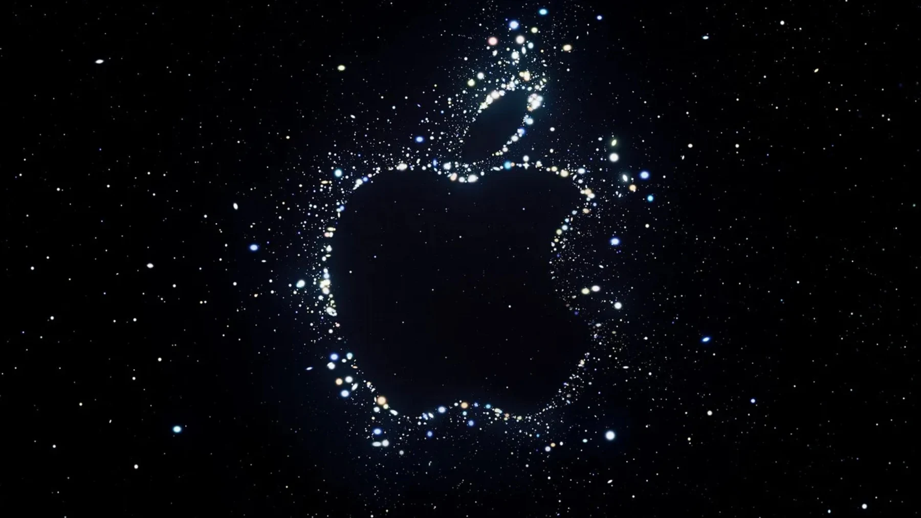 Star field forming a glowing Apple logo for the Far Out event
