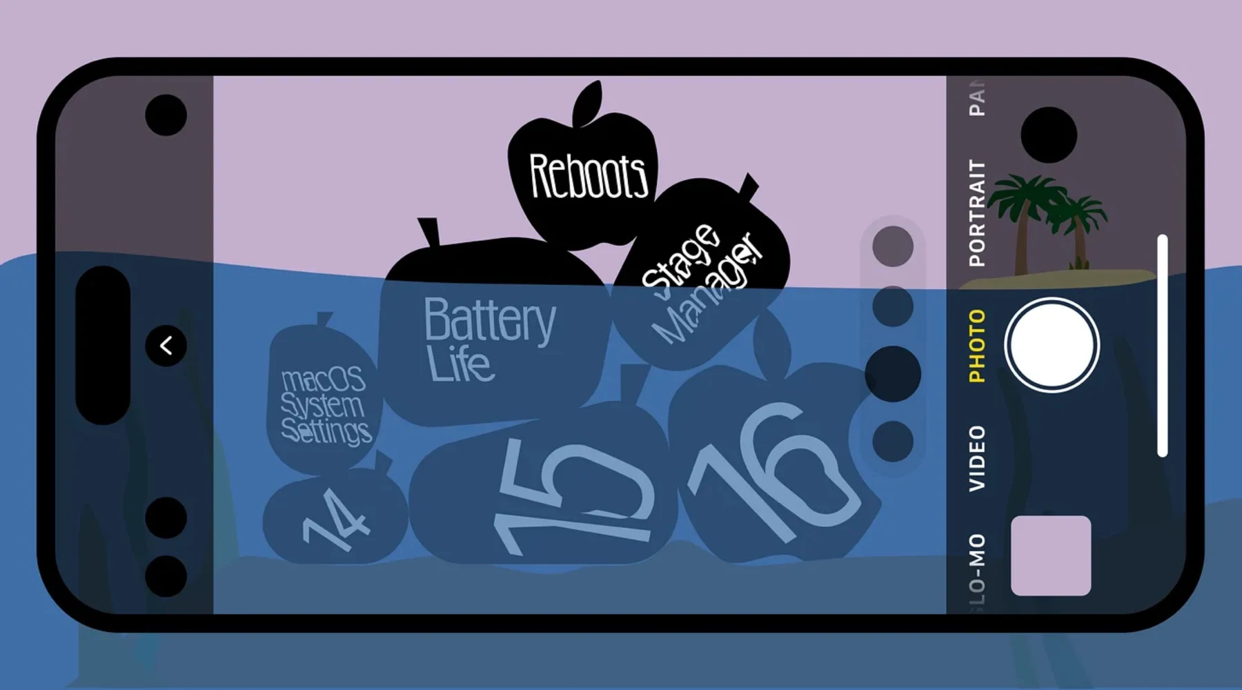 Illustration of an iPhone camera interface surrounded by beta-problem labels including reboots and battery life