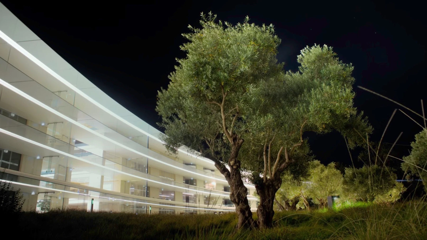 Apple Park courtyard and event stage illuminated at night for the Far Out event