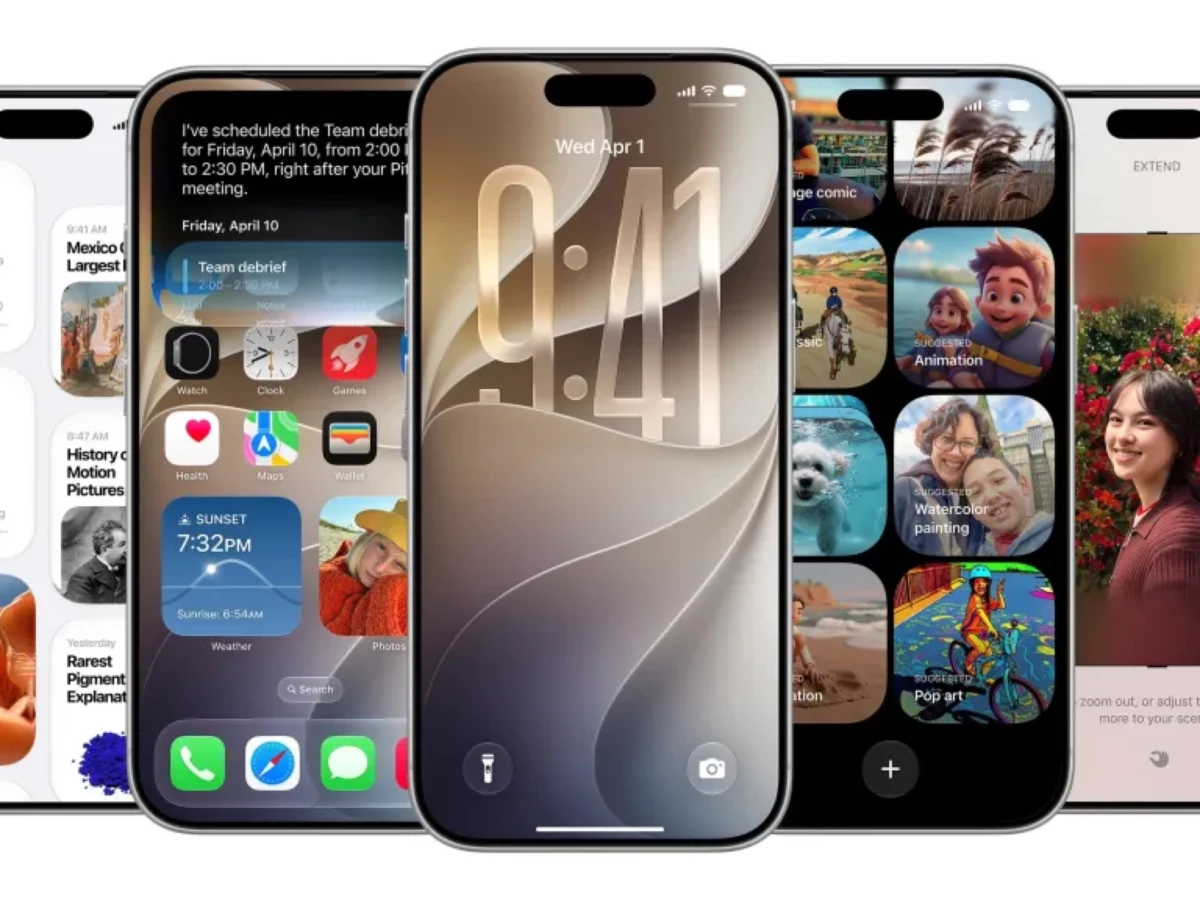 Five iPhones showing iOS 27 search, lock screen, Photos, and image-editing interfaces
