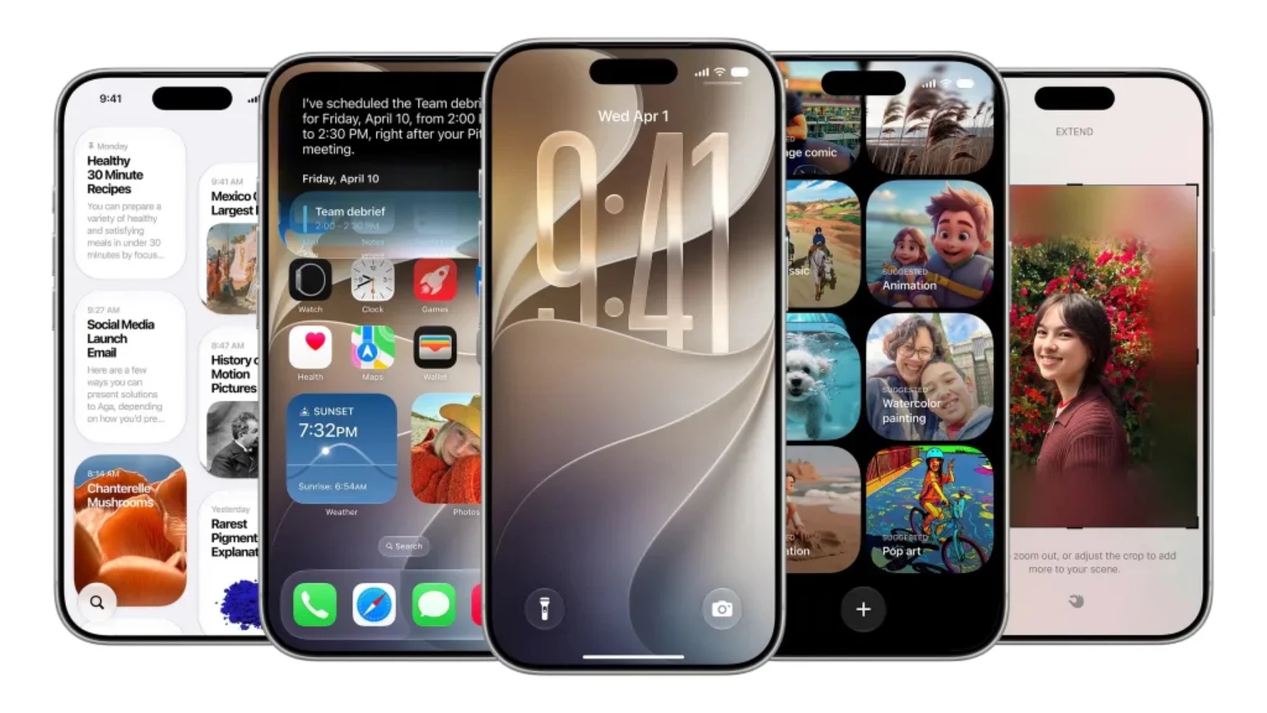 Five iPhones showing iOS 27 search, lock screen, Photos, and image-editing interfaces