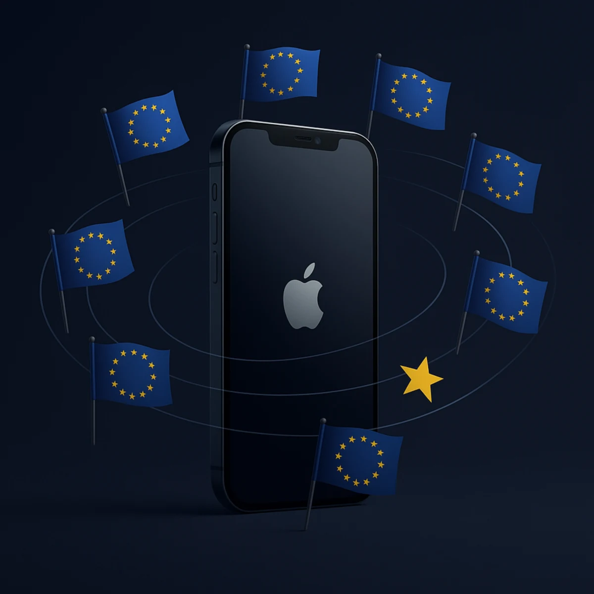 Illustration of an iPhone encircled by European Union flags