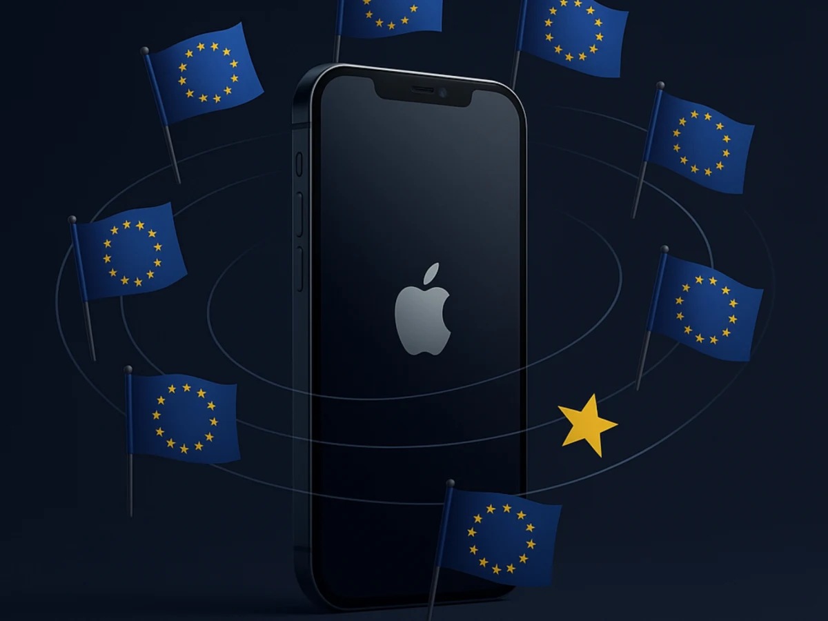 Illustration of an iPhone encircled by European Union flags