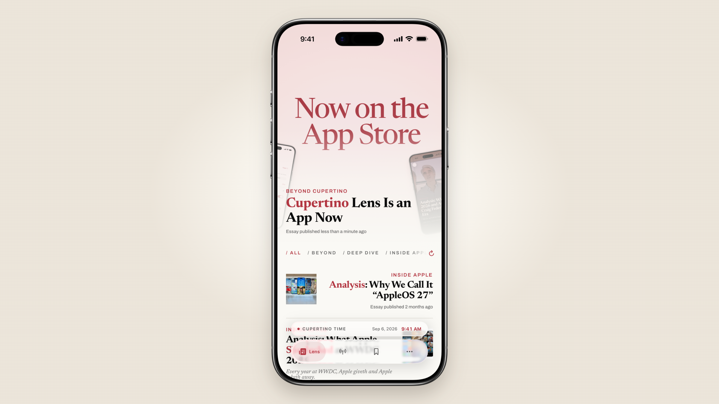 Cupertino Lens Home screen showing the announcement as the lead story inside an iPhone Air frame.