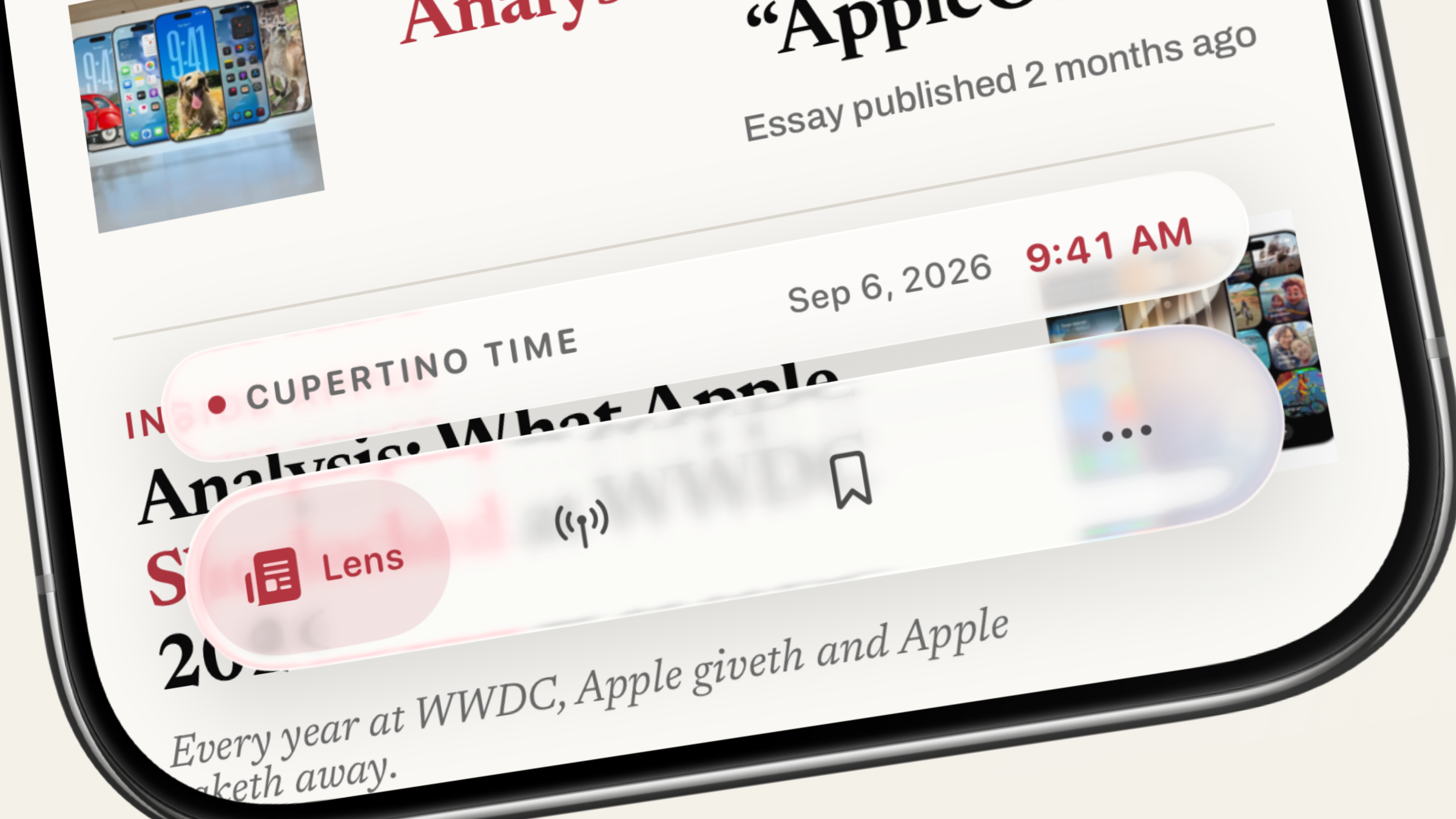 Angled iPhone Air close-up showing the floating Liquid Glass navigation.