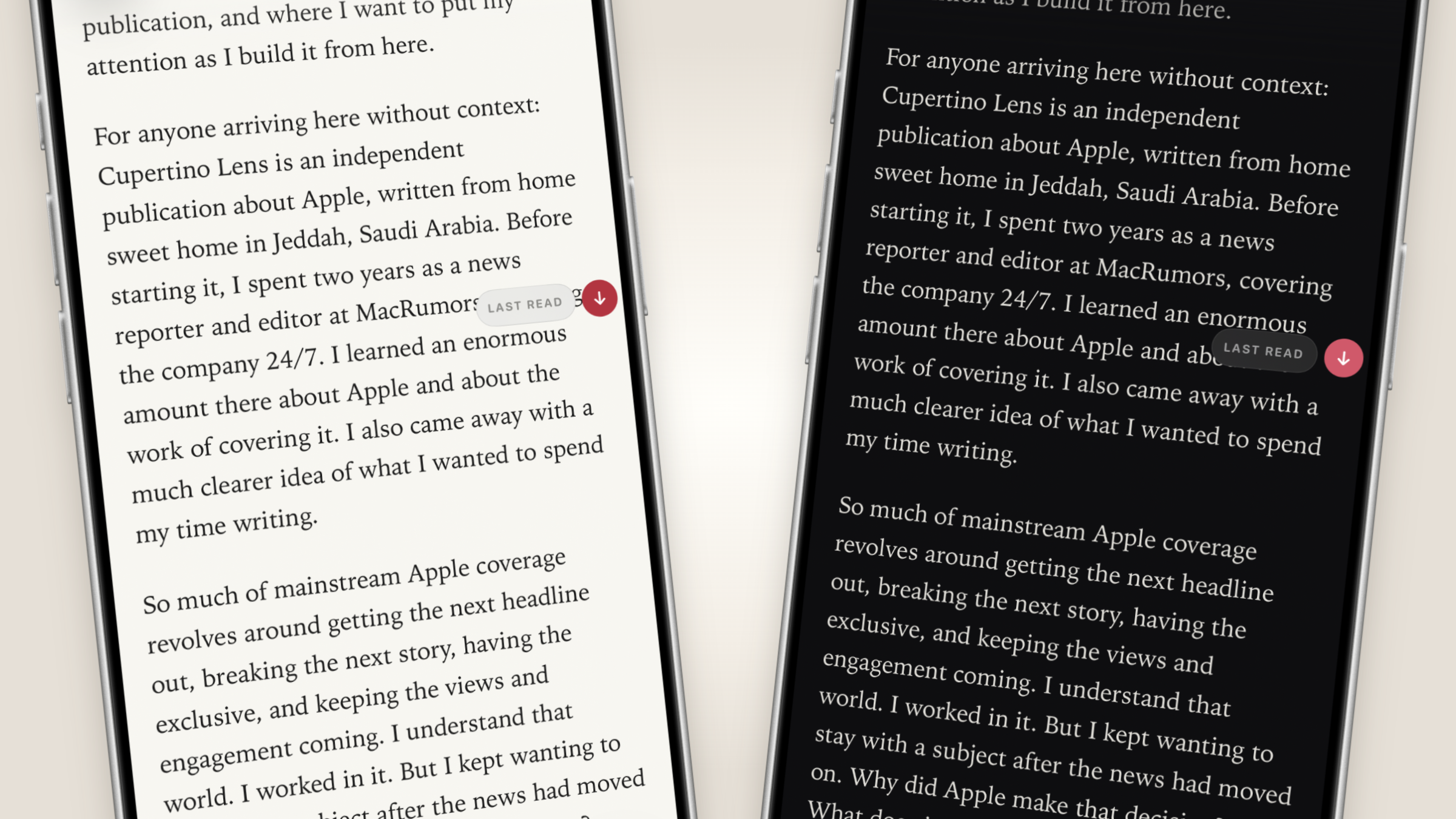 Cupertino Lens article shown in Paper and Ink reading appearances inside iPhone frames.