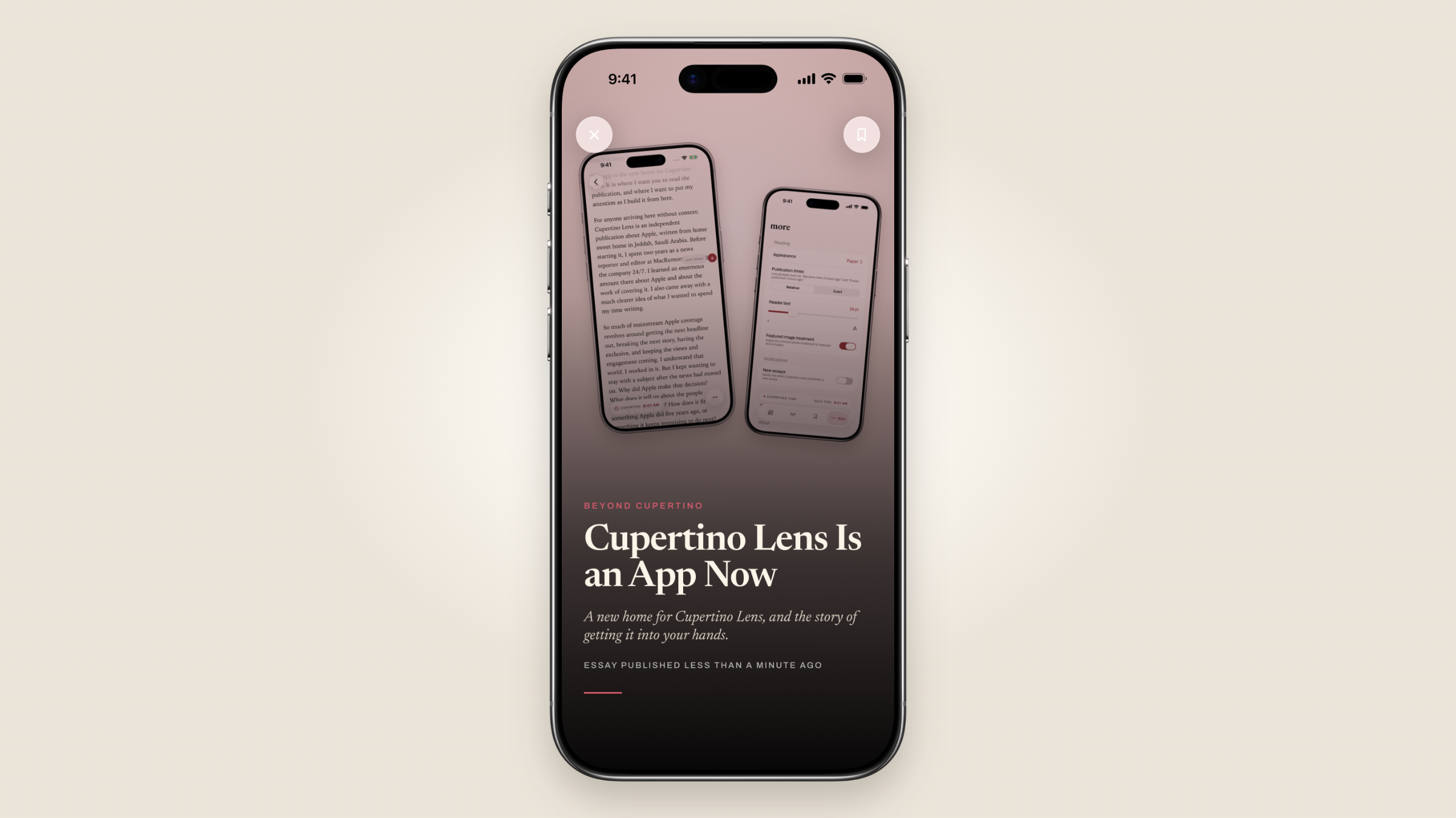 Cupertino Lens announcement opening in Immersive Reader, with the photograph and headline inside an iPhone Air frame.