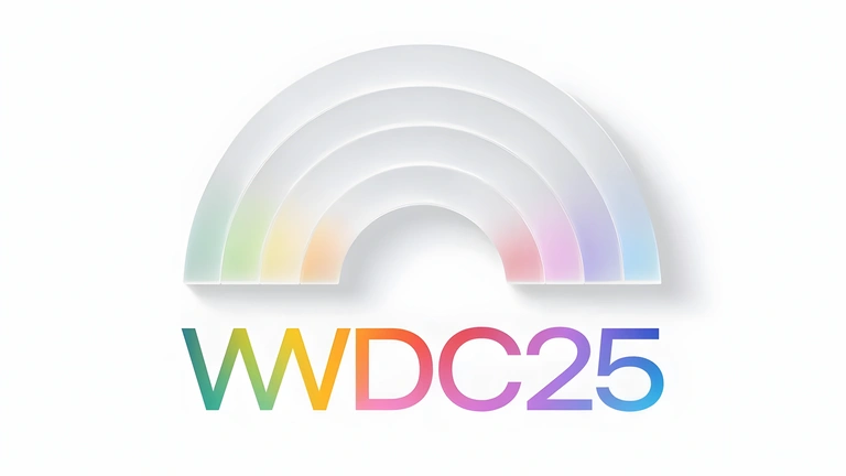 WWDC25 wordmark beneath a translucent rainbow arch