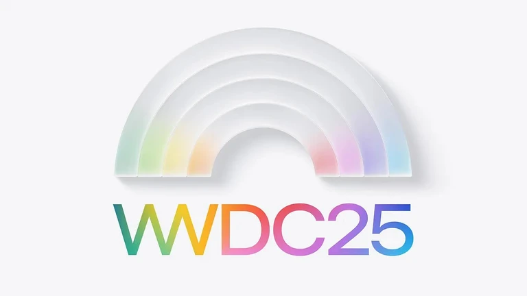WWDC25 wordmark beneath a translucent rainbow arch