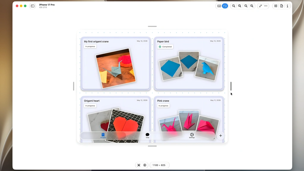 Xcode’s resizable iPhone simulator showing an origami sample app at different window sizes