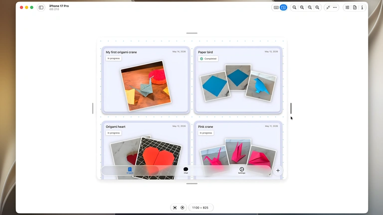 Xcode’s resizable iPhone simulator showing an origami sample app at different window sizes