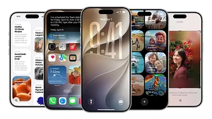 Five iPhones showing iOS 27 search, lock screen, Photos, and image-editing interfaces