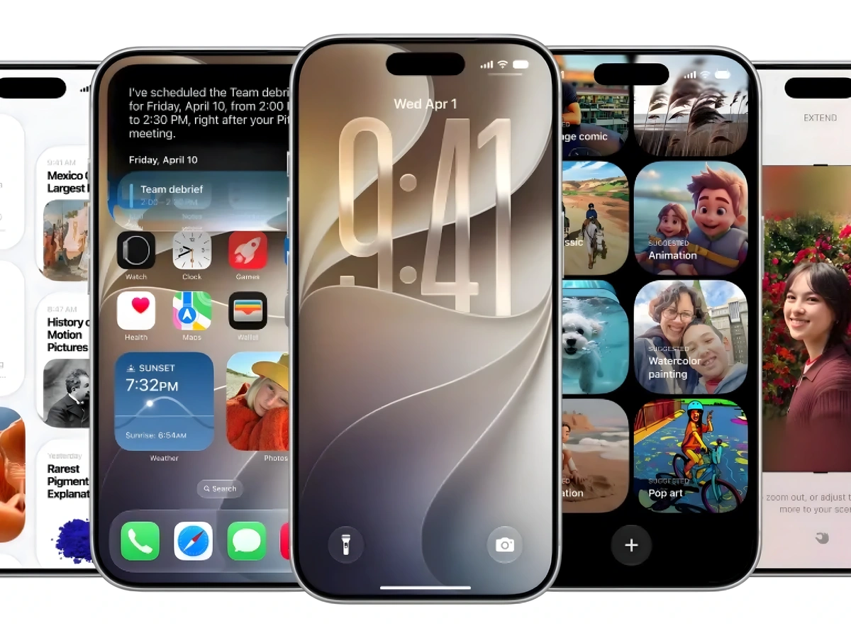 Five iPhones showing iOS 27 search, lock screen, Photos, and image-editing interfaces