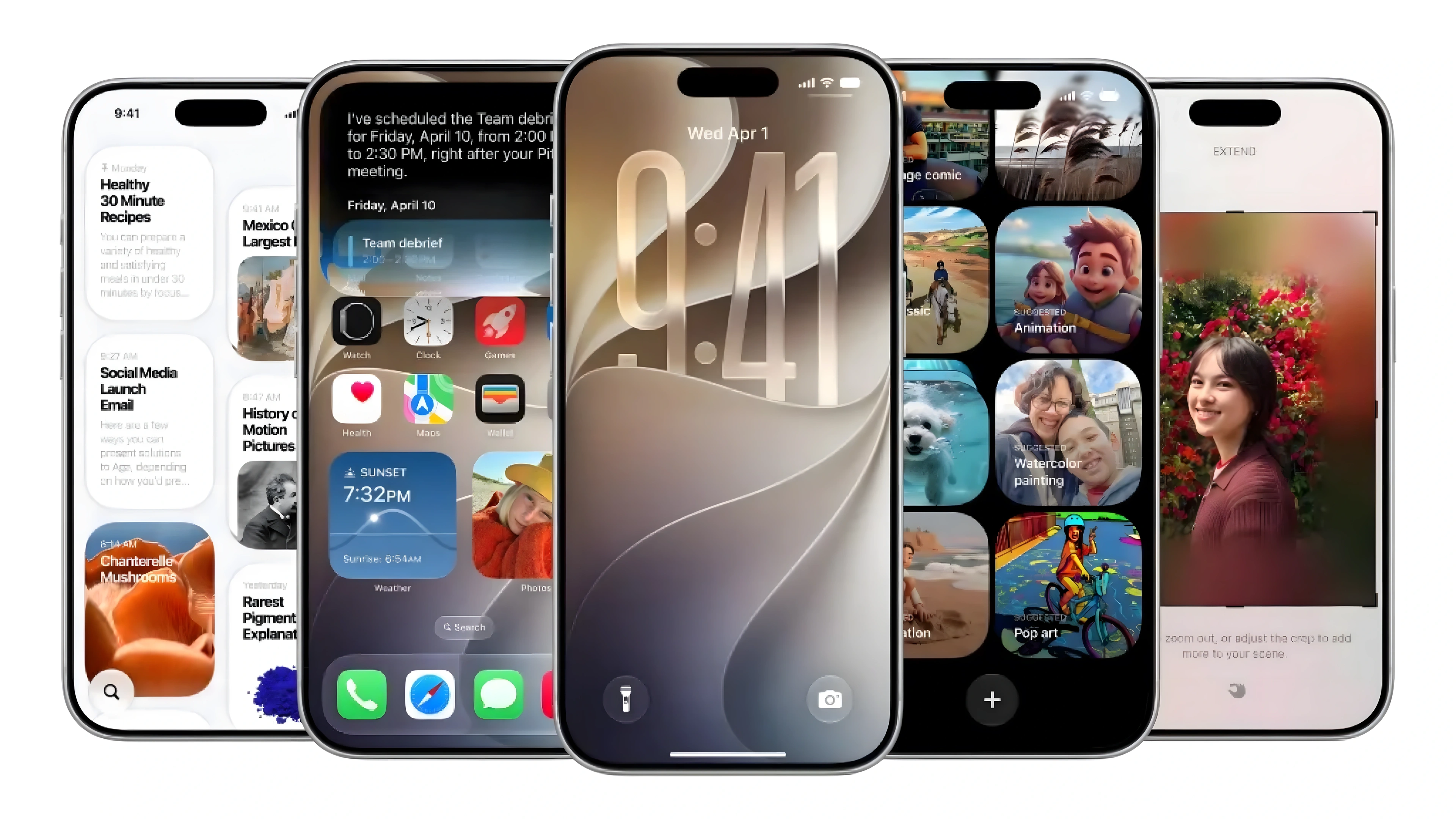 Five iPhones showing iOS 27 search, lock screen, Photos, and image-editing interfaces