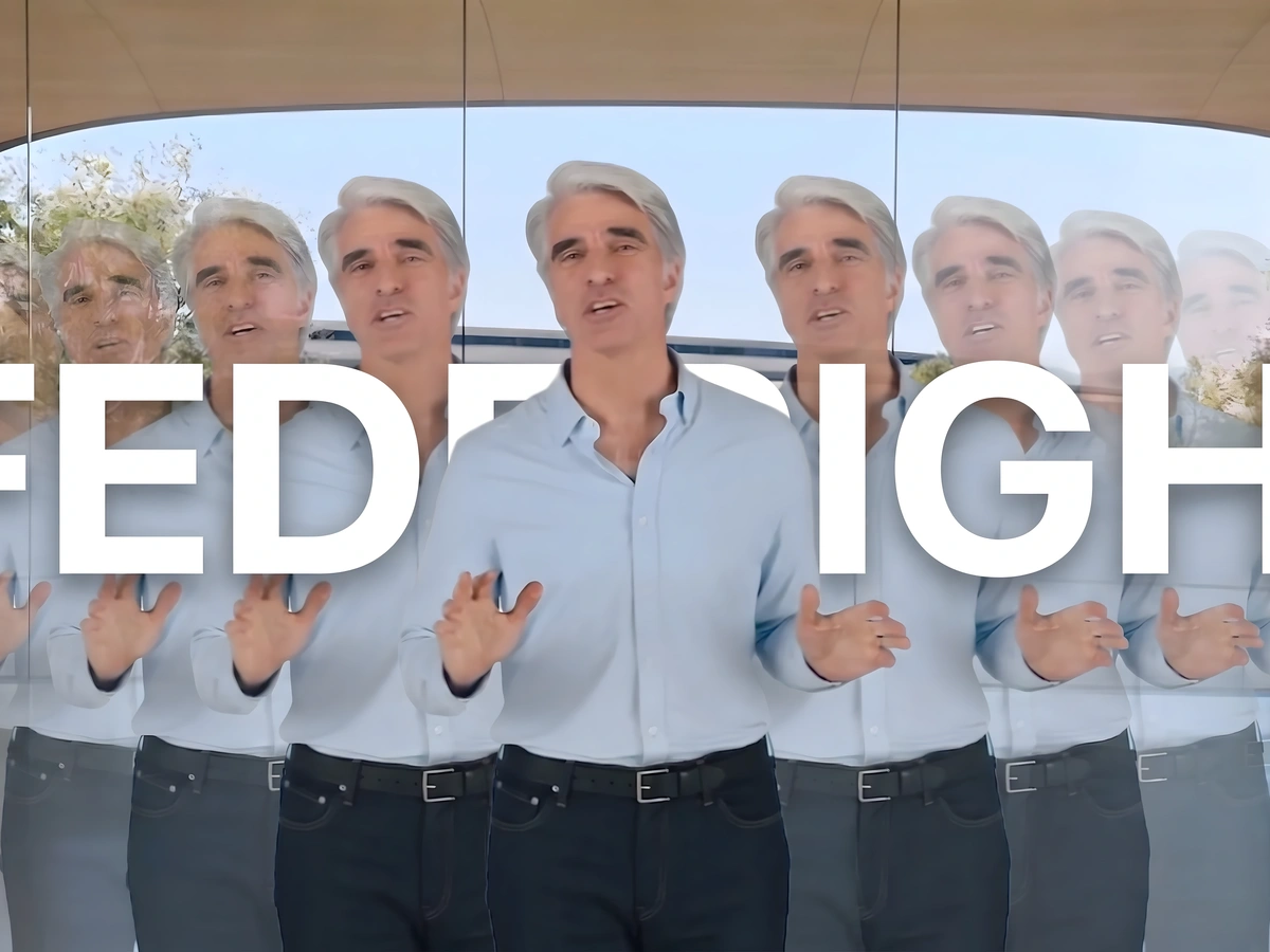 Repeated images of Craig Federighi at Apple Park behind the word “Federighi”