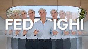 Repeated images of Craig Federighi at Apple Park behind the word “Federighi”