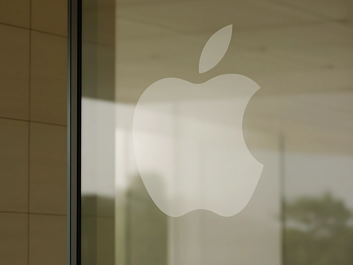 Apple logo seen through glass at the Apple Park Visitor Center