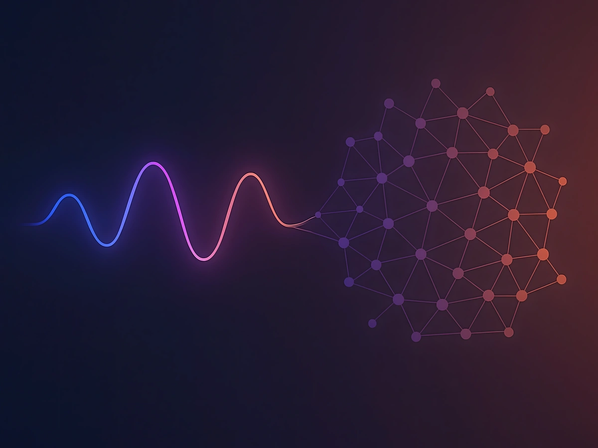 Apple logo beside Siri’s multicolor waveform and a network graphic