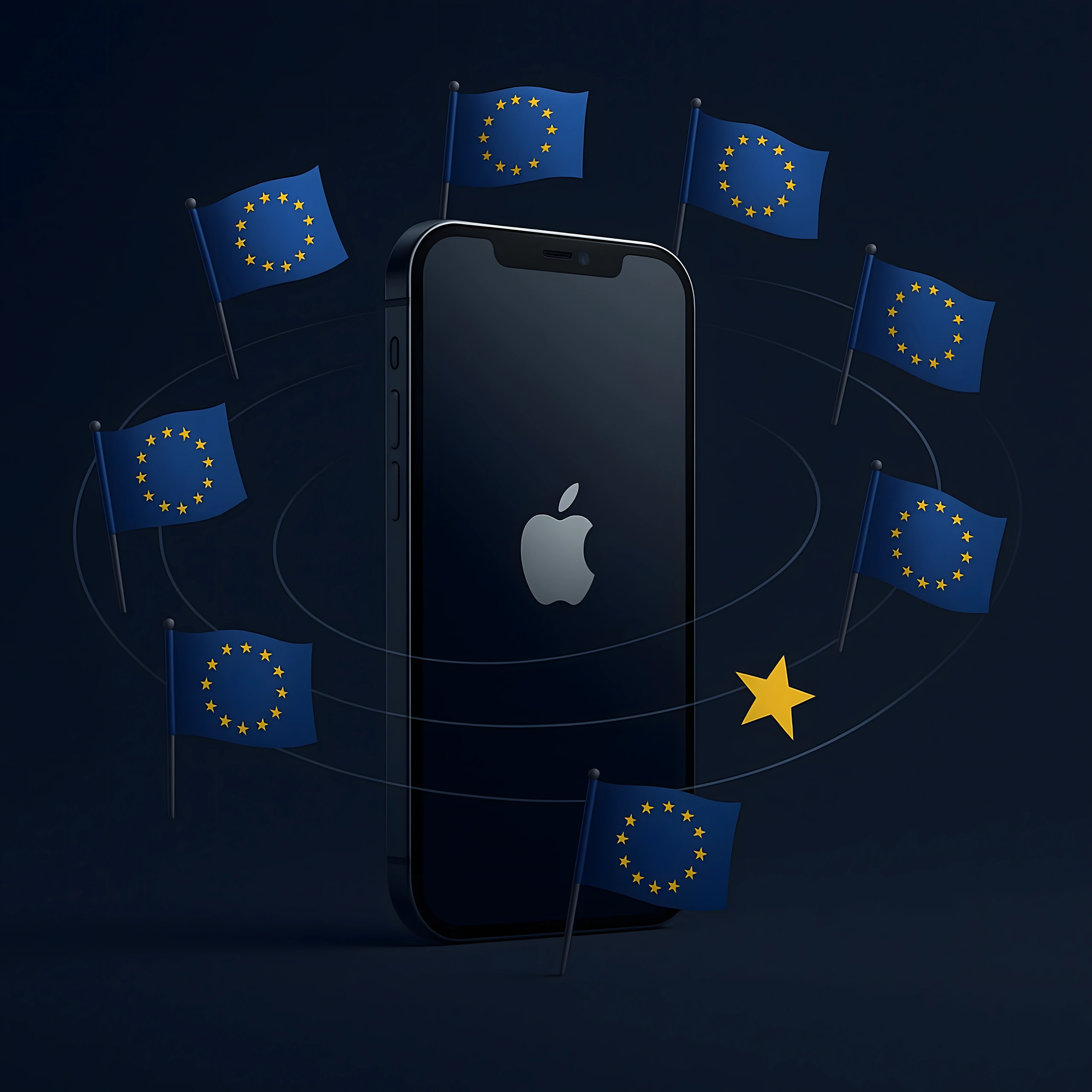 Illustration of an iPhone encircled by European Union flags