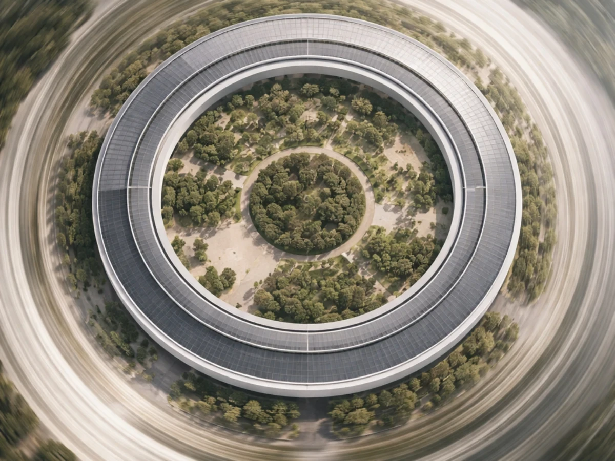 Aerial illustration of Apple Park’s ring-shaped campus