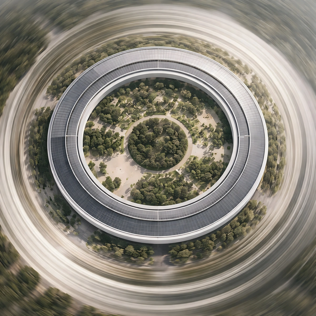 Aerial illustration of Apple Park’s ring-shaped campus