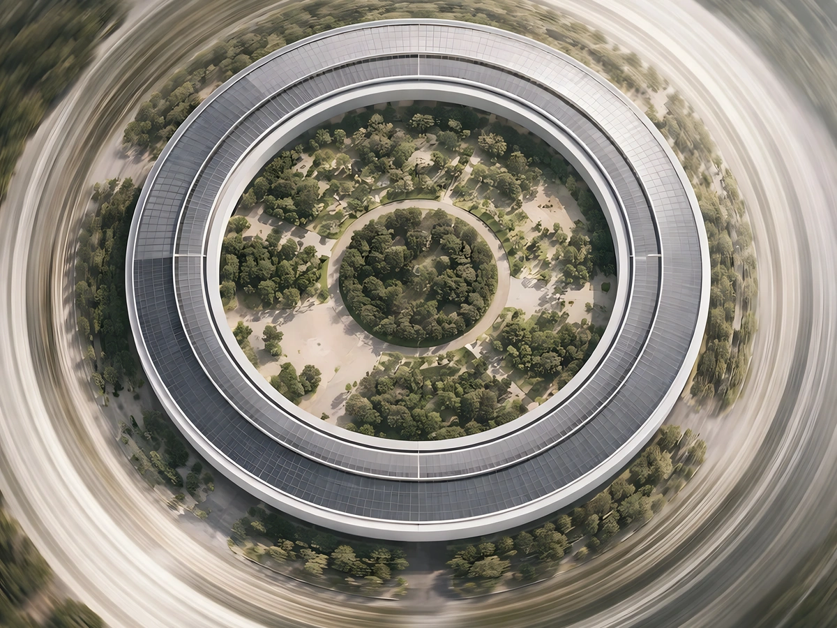 Aerial illustration of Apple Park’s ring-shaped campus
