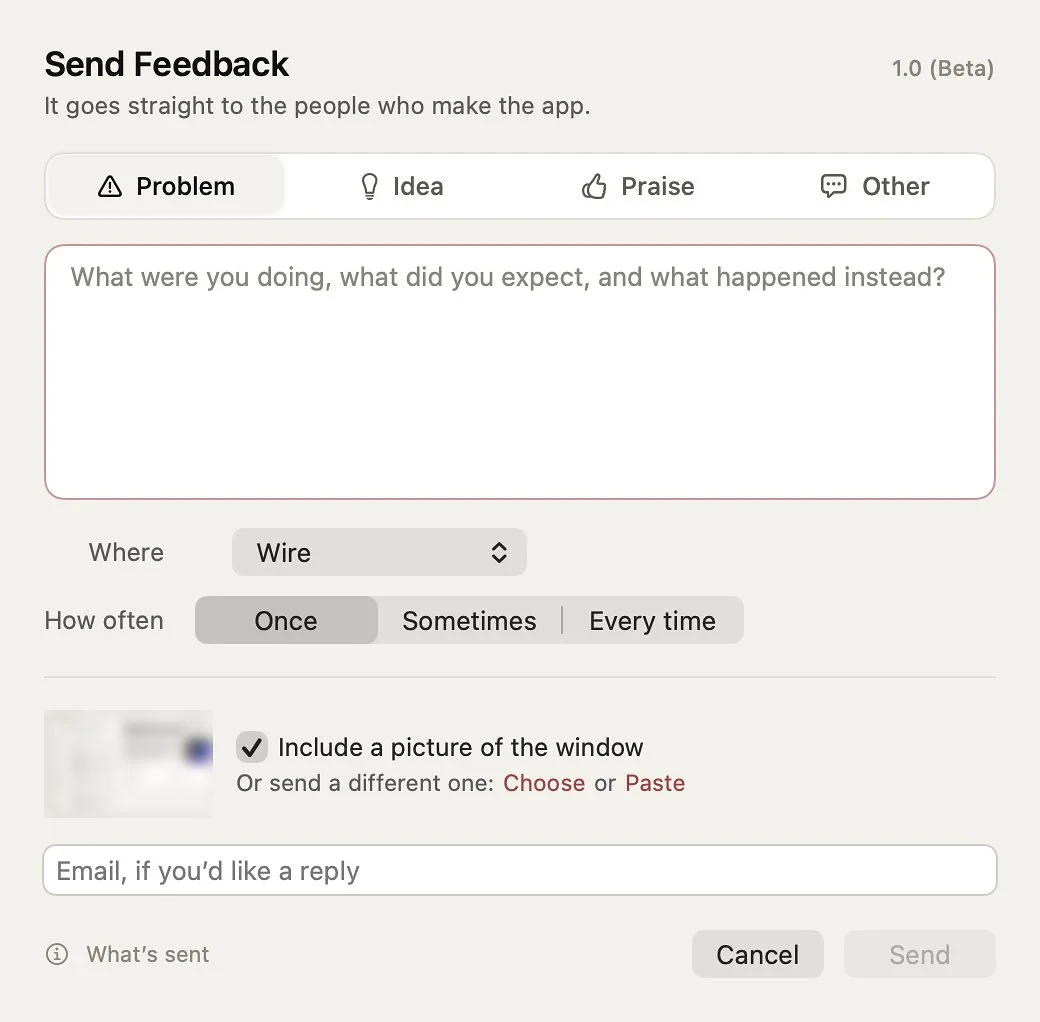 The Send Feedback window in Cupertino Lens for Mac.