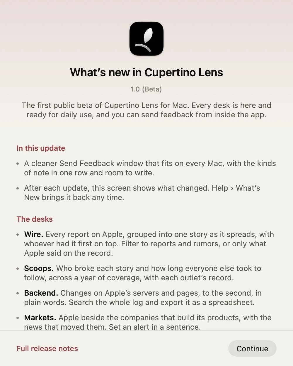 The What’s New screen in Cupertino Lens for Mac.