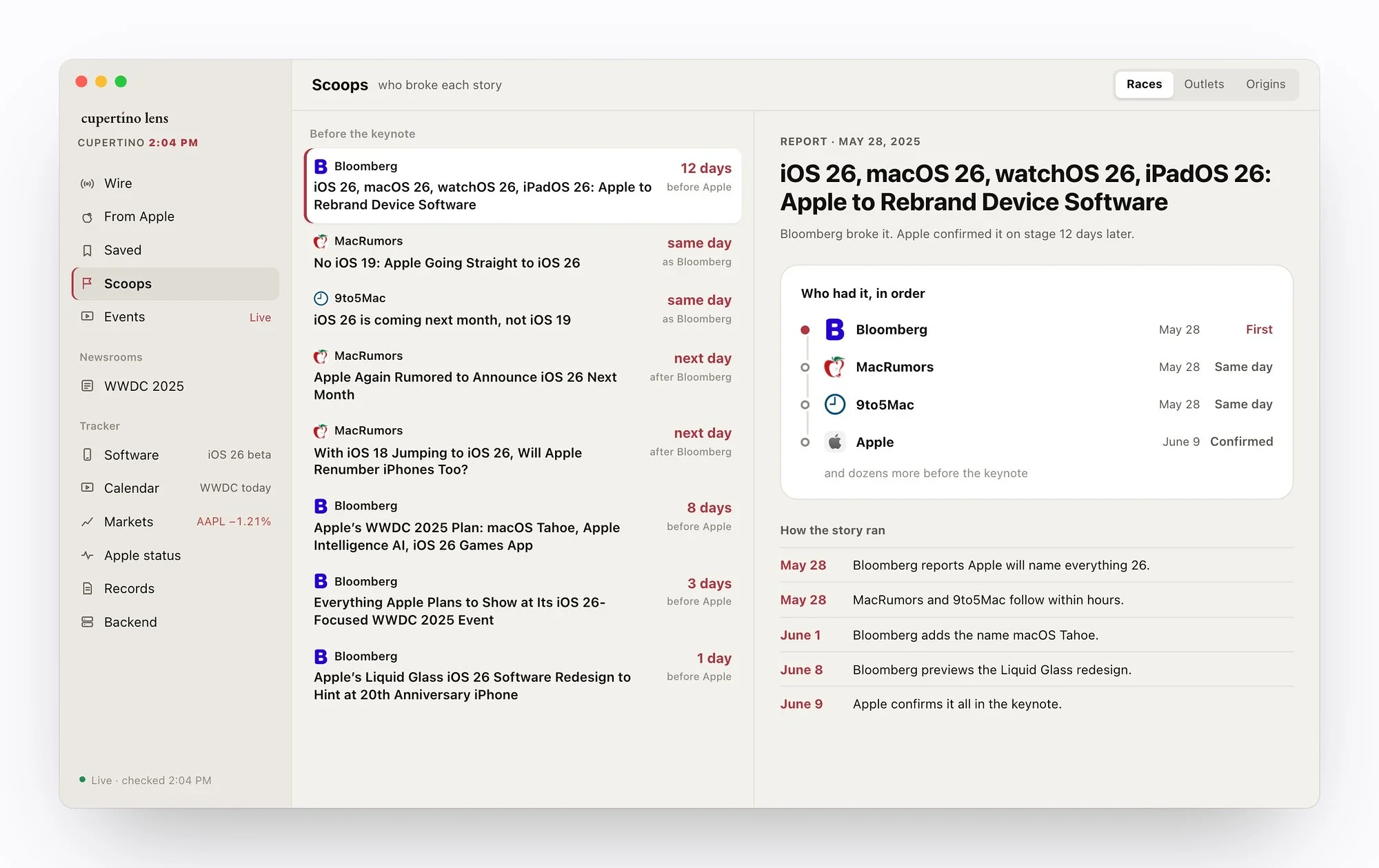 Scoops in Cupertino Lens for Mac: who reported the iOS 26 name first, and how the story ran.
