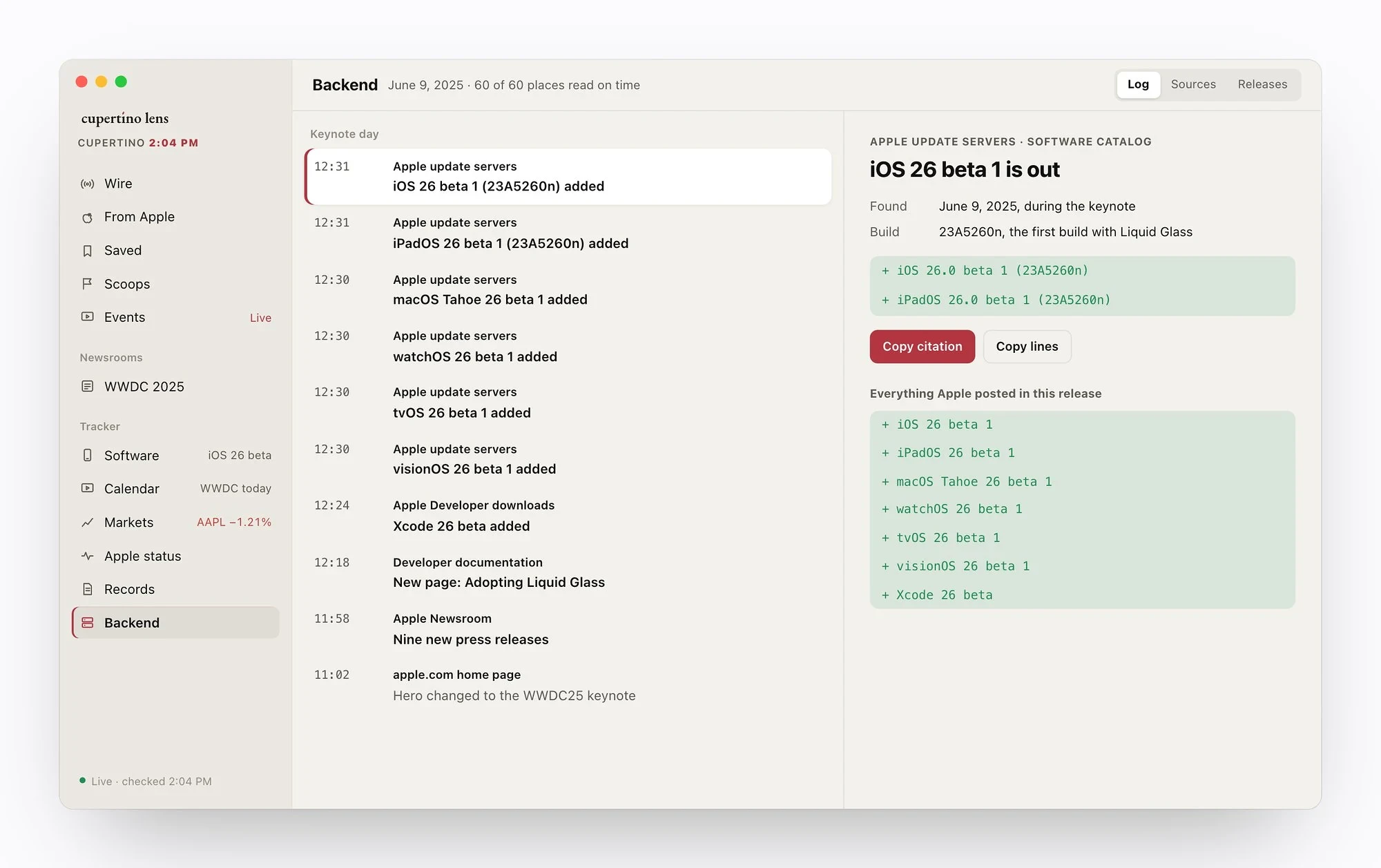 Backend in Cupertino Lens for Mac: every beta Apple posted on WWDC keynote day.